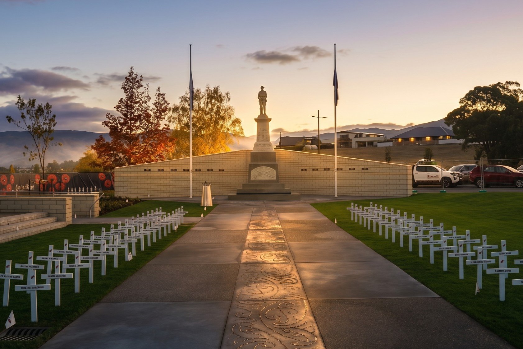 The Cromwell war memorial cenotaph at dusk